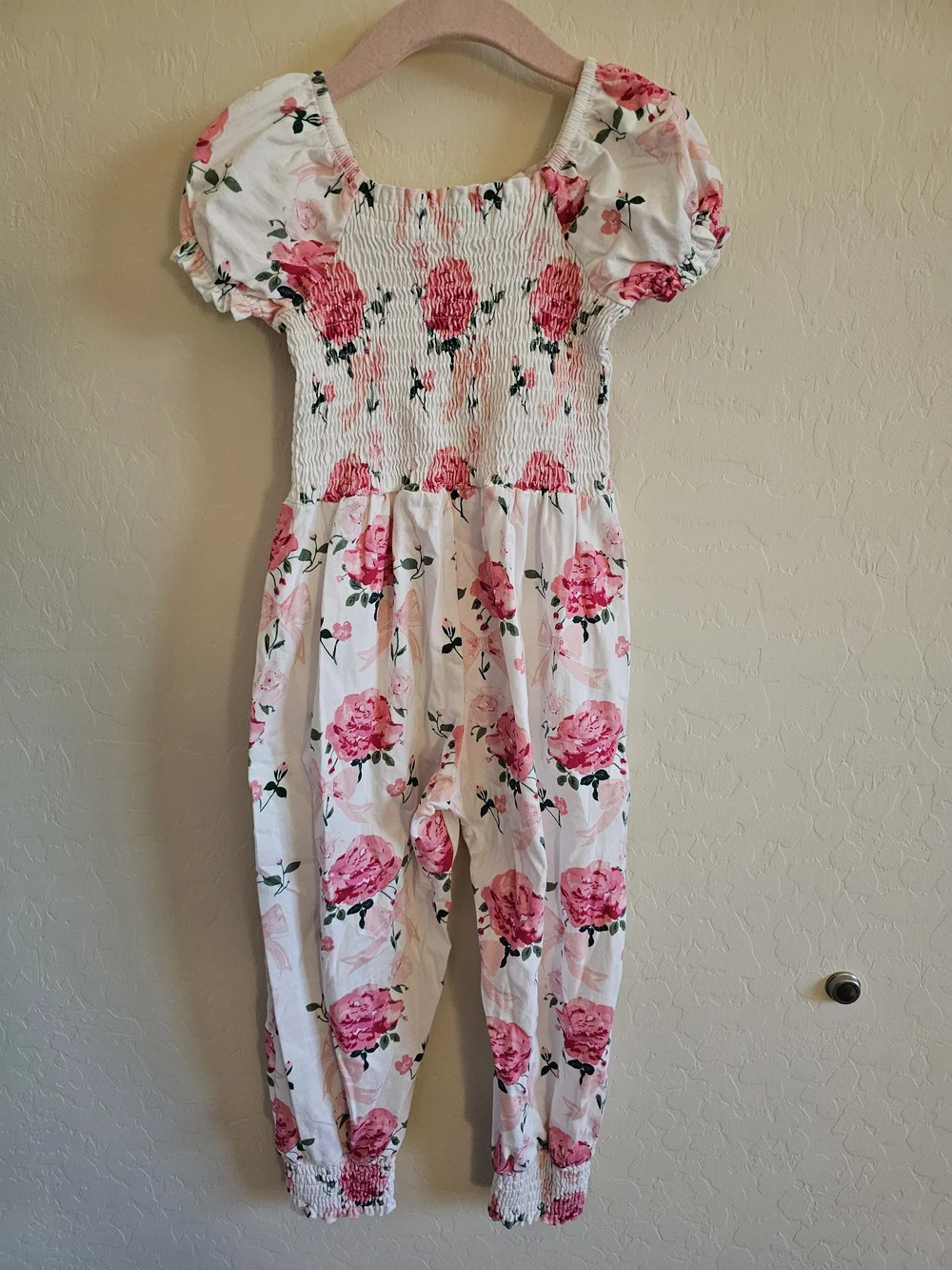 SweetHoney Smocked Romper - Pink Rose Bouquet 4T